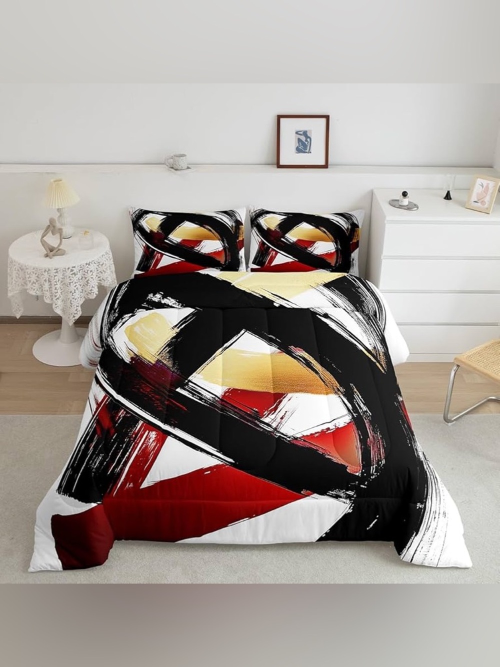 jejeloiu Red Geometric Duvet Quilt King Size Comforter Set